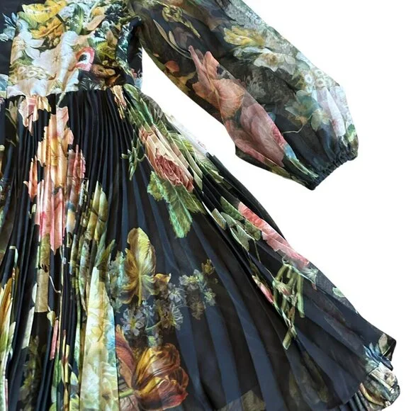 Pankaj & Nidhi Anthro Chiffon Floral Print Dress Long Sleeve Pleated Size Medium - Picture 14 of 16